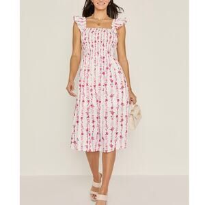 FRANCESCA'S Marry Ruffle White Pink Floral Midi Cotton Dress Lined Medium NEW